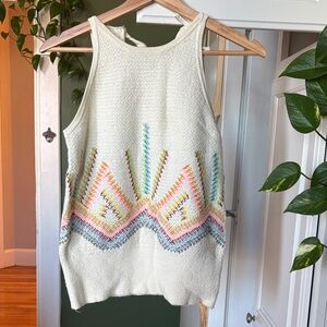 Anthropologie Cream Tank Top with Multicolor Embroidery